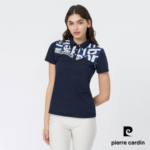 Pierre Cardin 皮爾卡登 女款 吸濕排汗微彈胸前圖騰拼接短袖POLO衫-丈青色 (4247201-38)