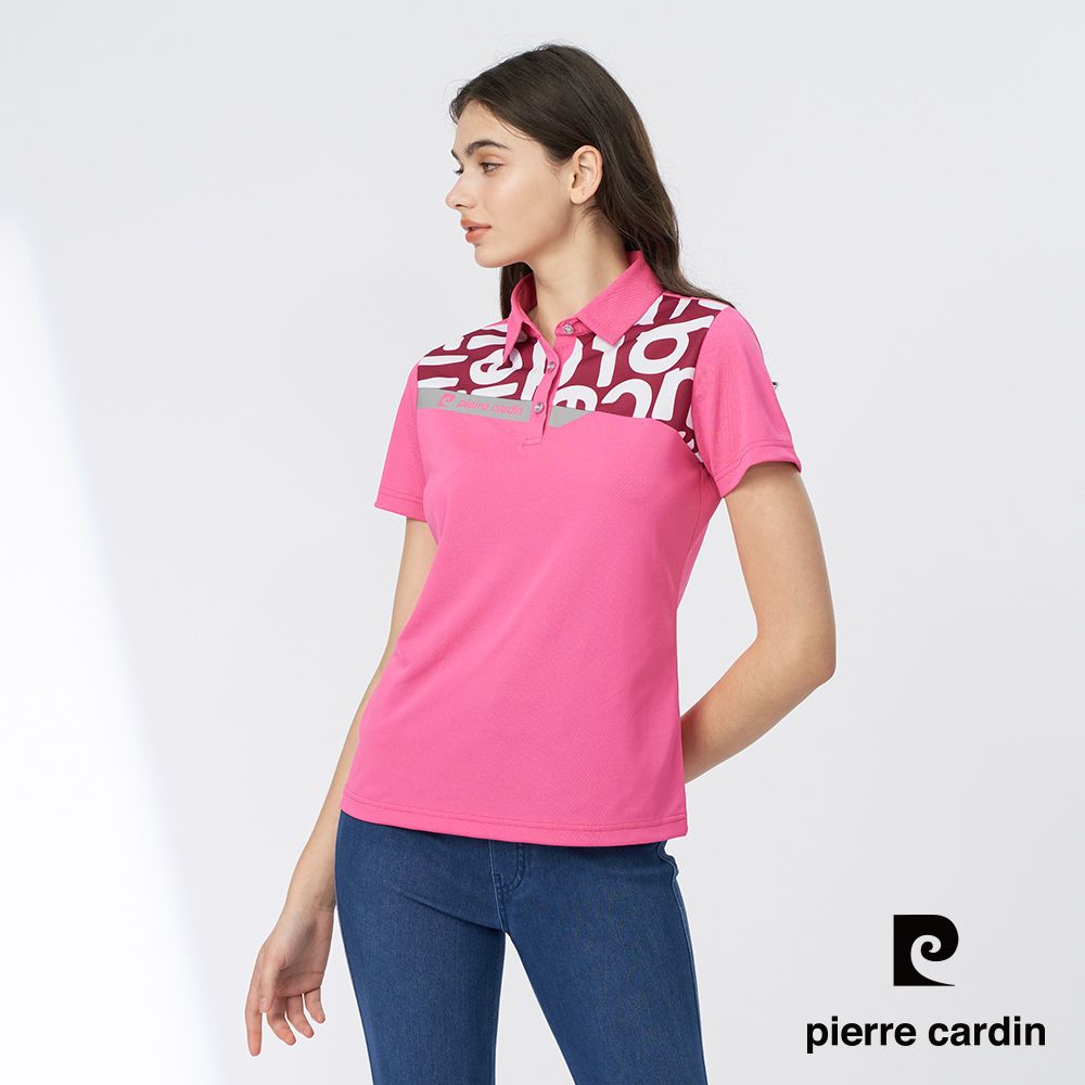 Pierre Cardin 皮爾卡登 女款 吸濕排汗微彈胸前圖騰拼接短袖POLO衫-桃紅色 (4247201-75)