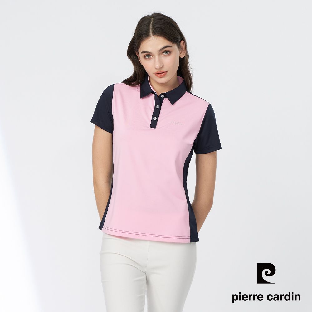 Pierre Cardin 皮爾卡登 女款 吸濕排汗彈性前胸片剪接配色短袖POLO衫-丈青色 (4247202-38)