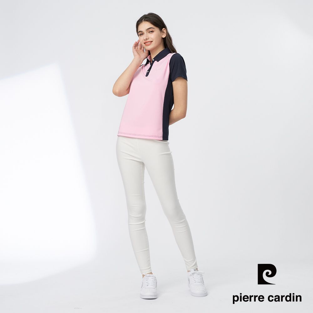 Pierre Cardin 皮爾卡登 女款 吸濕排汗彈性前胸片剪接配色短袖POLO衫-丈青色 (4247202-38)