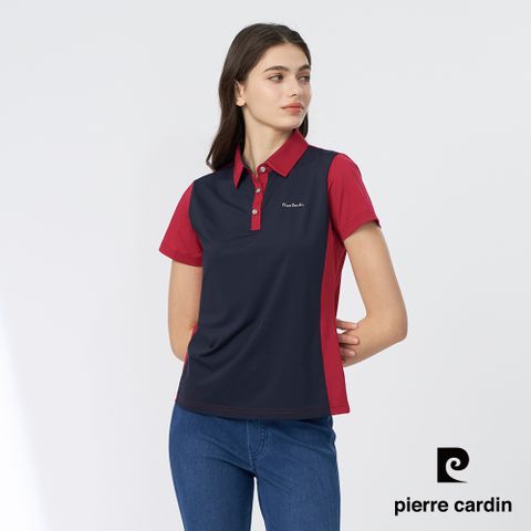 Pierre Cardin 皮爾卡登 女款 吸濕排汗彈性前胸片剪接配色短袖POLO衫-紅色 (4247202-78)