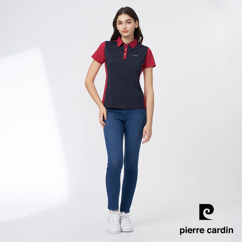 Pierre Cardin 皮爾卡登 女款 吸濕排汗彈性前胸片剪接配色短袖POLO衫-紅色 (4247202-78)