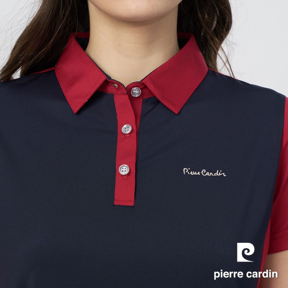 Pierre Cardin 皮爾卡登 女款 吸濕排汗彈性前胸片剪接配色短袖POLO衫-紅色 (4247202-78)