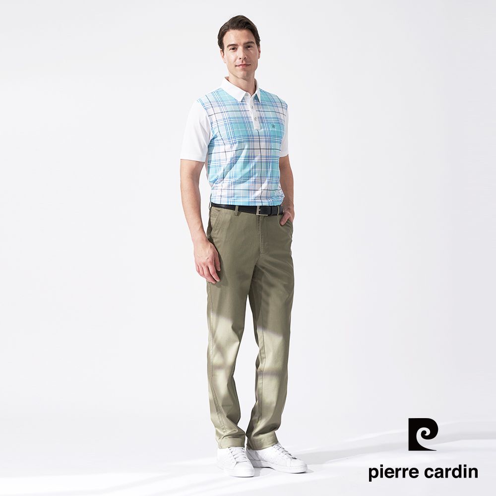 Pierre Cardin 皮爾卡登 男款 吸濕排汗微彈性胸前印格短袖襯衫領polo衫-湖水綠 (5247208-45)