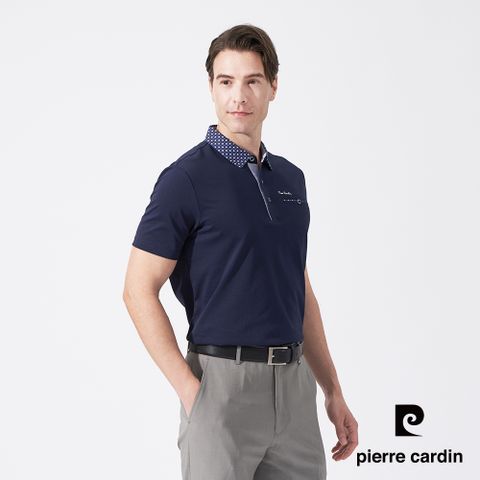 Pierre Cardin 皮爾卡登 男款 素面PK布搭配印花布襯衫領短袖POLO衫-丈青色 (5247209-38)