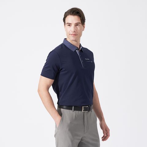 【pierre cardin 皮爾卡登】男款 素面PK布搭配印花布襯衫領短袖POLO衫-丈青色 (5247209-38)