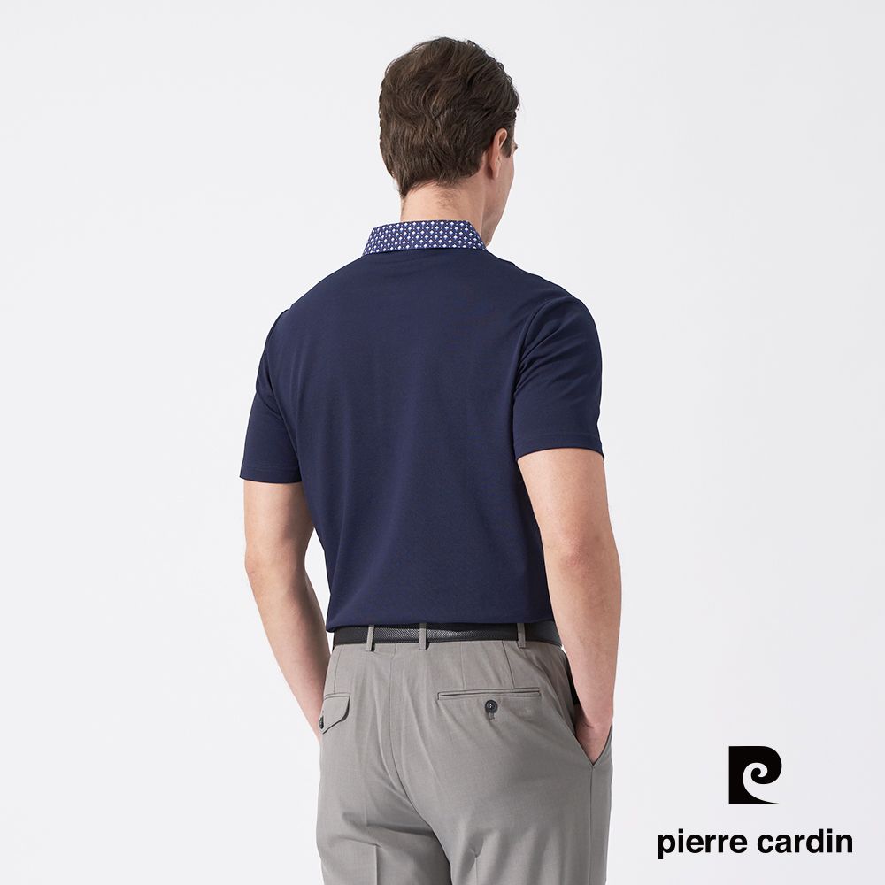 Pierre Cardin 皮爾卡登 男款 素面PK布搭配印花布襯衫領短袖POLO衫-丈青色 (5247209-38)