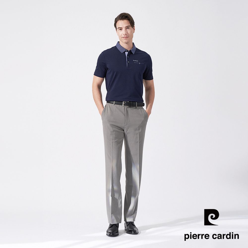 Pierre Cardin 皮爾卡登 男款 素面PK布搭配印花布襯衫領短袖POLO衫-丈青色 (5247209-38)