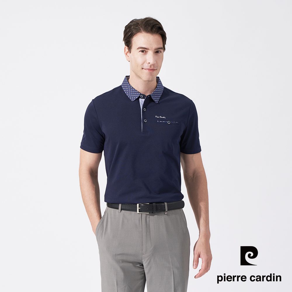 Pierre Cardin 皮爾卡登 男款 素面PK布搭配印花布襯衫領短袖POLO衫-丈青色 (5247209-38)