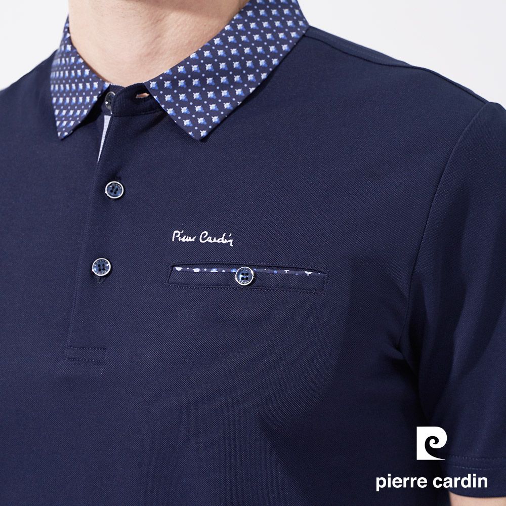 Pierre Cardin 皮爾卡登 男款 素面PK布搭配印花布襯衫領短袖POLO衫-丈青色 (5247209-38)