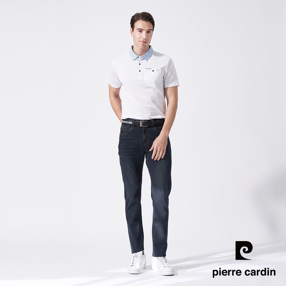 Pierre Cardin 皮爾卡登 男款 素面PK布搭配印花布襯衫領短袖POLO衫-白色 (5247209-90)