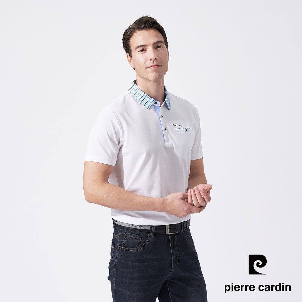 Pierre Cardin 皮爾卡登 男款 素面PK布搭配印花布襯衫領短袖POLO衫-白色 (5247209-90)