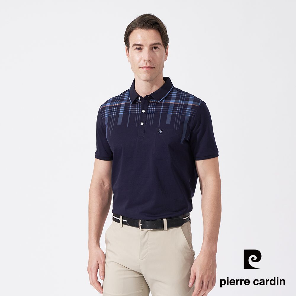 Pierre Cardin 皮爾卡登 男款 絲光棉胸前定位格印花短袖POLO衫-深藍色 (5247211-38)