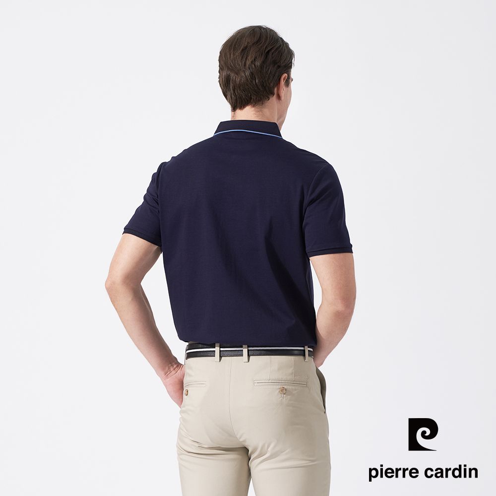 Pierre Cardin 皮爾卡登 男款 絲光棉胸前定位格印花短袖POLO衫-深藍色 (5247211-38)