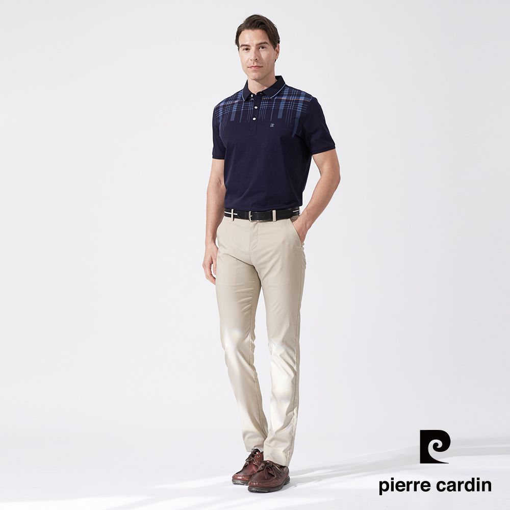 Pierre Cardin 皮爾卡登 男款 絲光棉胸前定位格印花短袖POLO衫-深藍色 (5247211-38)