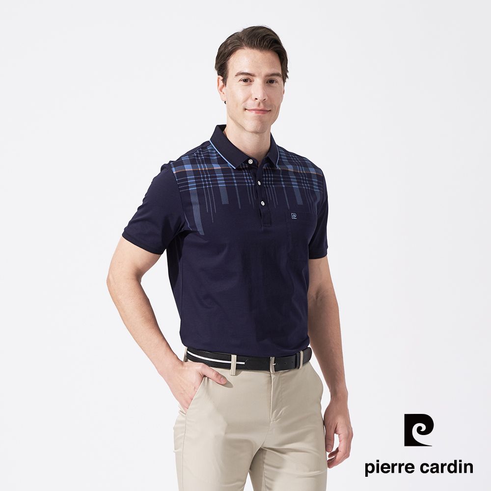 Pierre Cardin 皮爾卡登 男款 絲光棉胸前定位格印花短袖POLO衫-深藍色 (5247211-38)