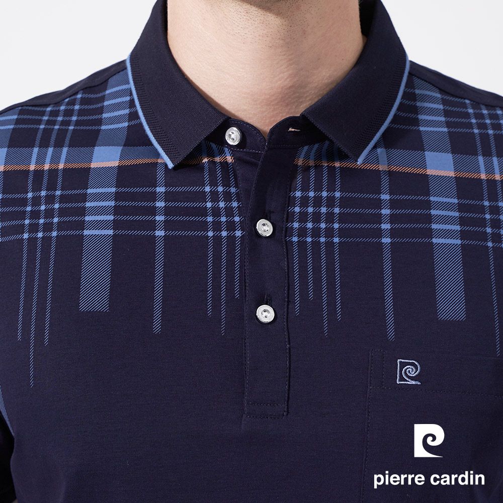 Pierre Cardin 皮爾卡登 男款 絲光棉胸前定位格印花短袖POLO衫-深藍色 (5247211-38)