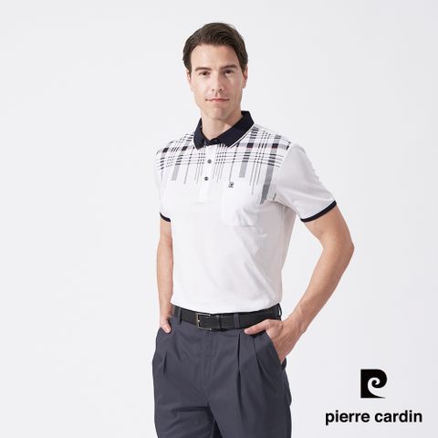 【pierre cardin 皮爾卡登】男款 絲光棉胸前定位格印花短袖POLO衫-白色 (5247211-90)