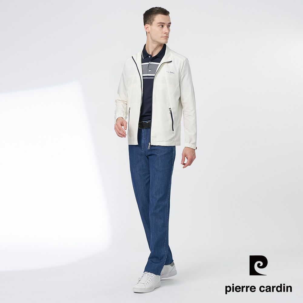 Pierre Cardin 皮爾卡登 男款 都會休閒素色立領薄夾克-米白色 (5247601-90)