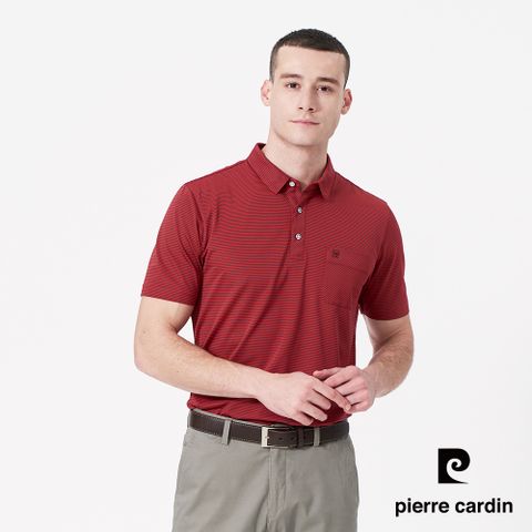 【pierre cardin 皮爾卡登】男款 微彈性細橫條襯衫領短袖POLO衫-桔紅色 (5247204-66)