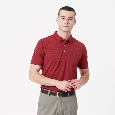 【pierre cardin 皮爾卡登】男款 微彈性細橫條襯衫領短袖POLO衫-桔紅色 (5247204-66)