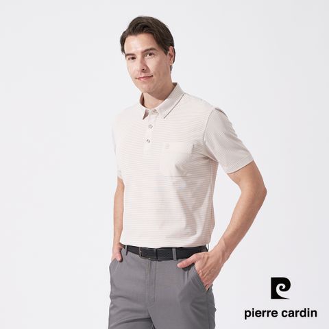 【pierre cardin 皮爾卡登】男款 微彈性細橫條襯衫領短袖POLO衫-淺卡其 (5247204-84)