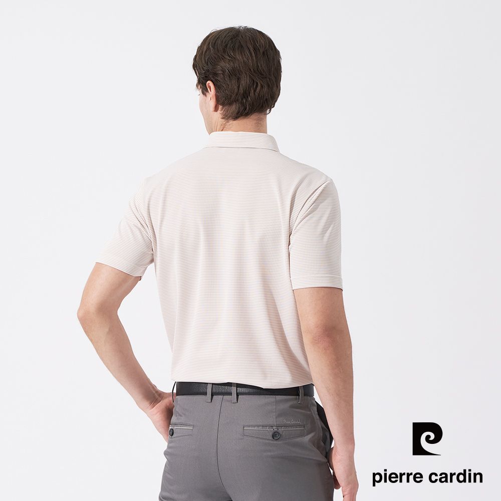 Pierre Cardin 皮爾卡登 男款 微彈性細橫條襯衫領短袖POLO衫-淺卡其 (5247204-84)