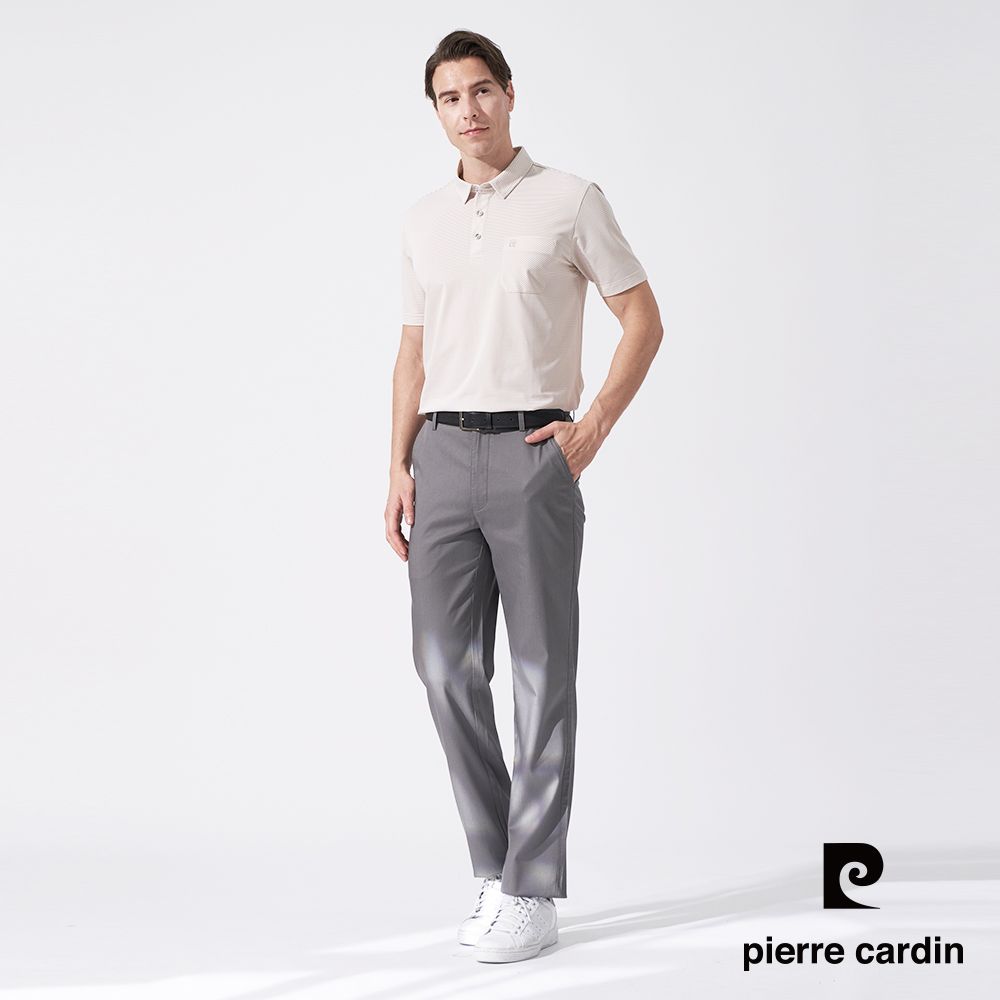 Pierre Cardin 皮爾卡登 男款 微彈性細橫條襯衫領短袖POLO衫-淺卡其 (5247204-84)