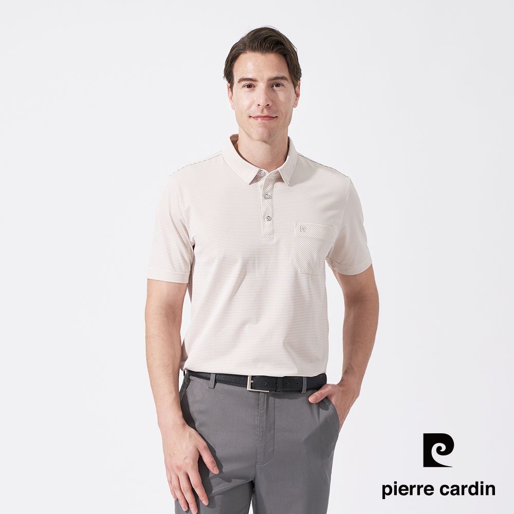 Pierre Cardin 皮爾卡登 男款 微彈性細橫條襯衫領短袖POLO衫-淺卡其 (5247204-84)