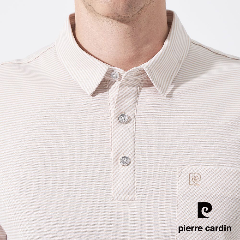 Pierre Cardin 皮爾卡登 男款 微彈性細橫條襯衫領短袖POLO衫-淺卡其 (5247204-84)