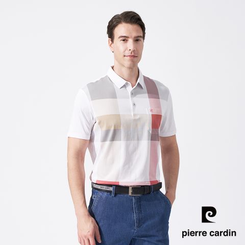 【pierre cardin 皮爾卡登】男款 胸前印格彈性短袖POLO衫-紅色 (5247214-75)
