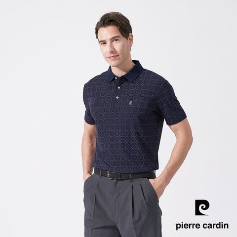 【pierre cardin 皮爾卡登】男款 印花彈性短袖POLO衫-深藍色 (5247215-38)