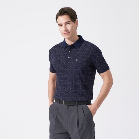 【pierre cardin 皮爾卡登】男款 印花彈性短袖POLO衫-深藍色 (5247215-38)
