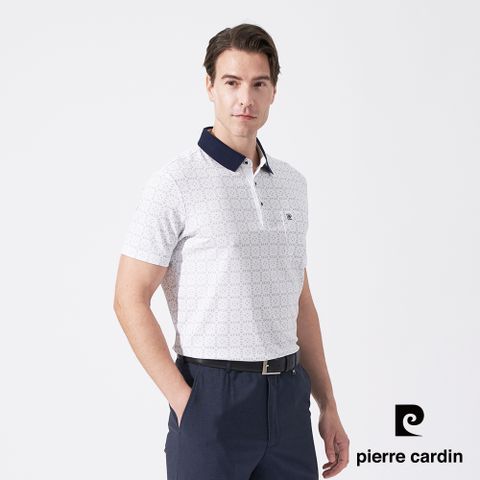 【pierre cardin 皮爾卡登】男款 印花彈性短袖POLO衫-白色 (5247215-90)