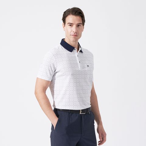 【pierre cardin 皮爾卡登】男款 印花彈性短袖POLO衫-白色 (5247215-90)