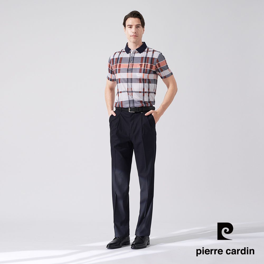 Pierre Cardin 皮爾卡登 男款 微彈性暗紋鬆緊腰頭打摺西裝褲-丈青色 (5247811-38)
