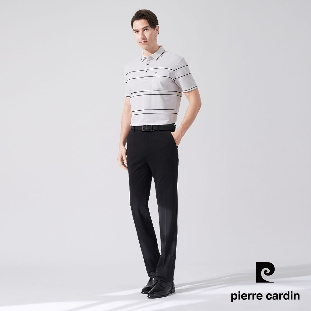 Pierre Cardin 皮爾卡登 男款 微彈性暗紋伸縮腰頭平口合身西裝褲-黑色 (5247845-99)