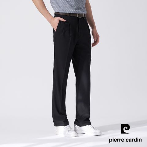 【pierre cardin 皮爾卡登】男款 微彈性暗條打摺西裝褲-黑色 (5247851-99)