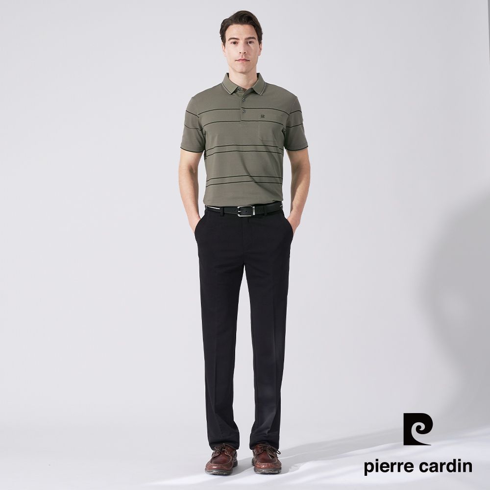 Pierre Cardin 皮爾卡登 男款 微彈性暗紋伸縮腰頭平口合身西裝褲-黑色 (5247852-99)