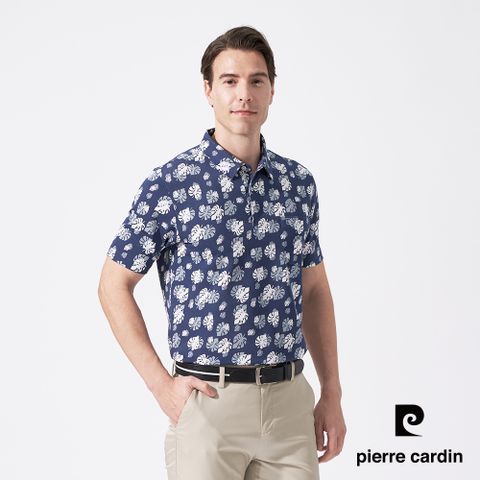 【pierre cardin 皮爾卡登】男款 吸濕排汗印花合身短袖襯衫領polo衫-深藍色 (5247203-38)