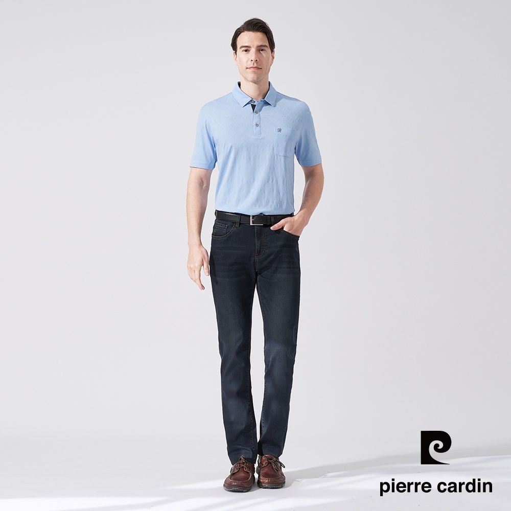 Pierre Cardin 皮爾卡登 男款 吸濕排汗TOP緹花組織短袖襯衫領POLO衫-藍色 (5247295-35)