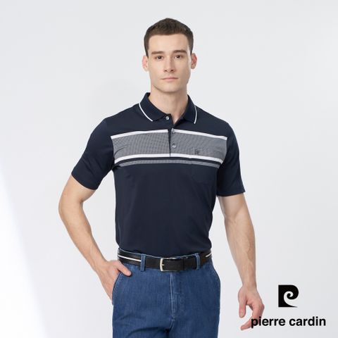 【pierre cardin 皮爾卡登】男款 吸濕速乾TOP定位橫條短袖POLO衫-深藍色 (5247298-38)