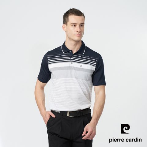 【pierre cardin 皮爾卡登】男款 吸濕速乾TOP定位橫條短袖POLO衫-深藍色 (5247299-38)