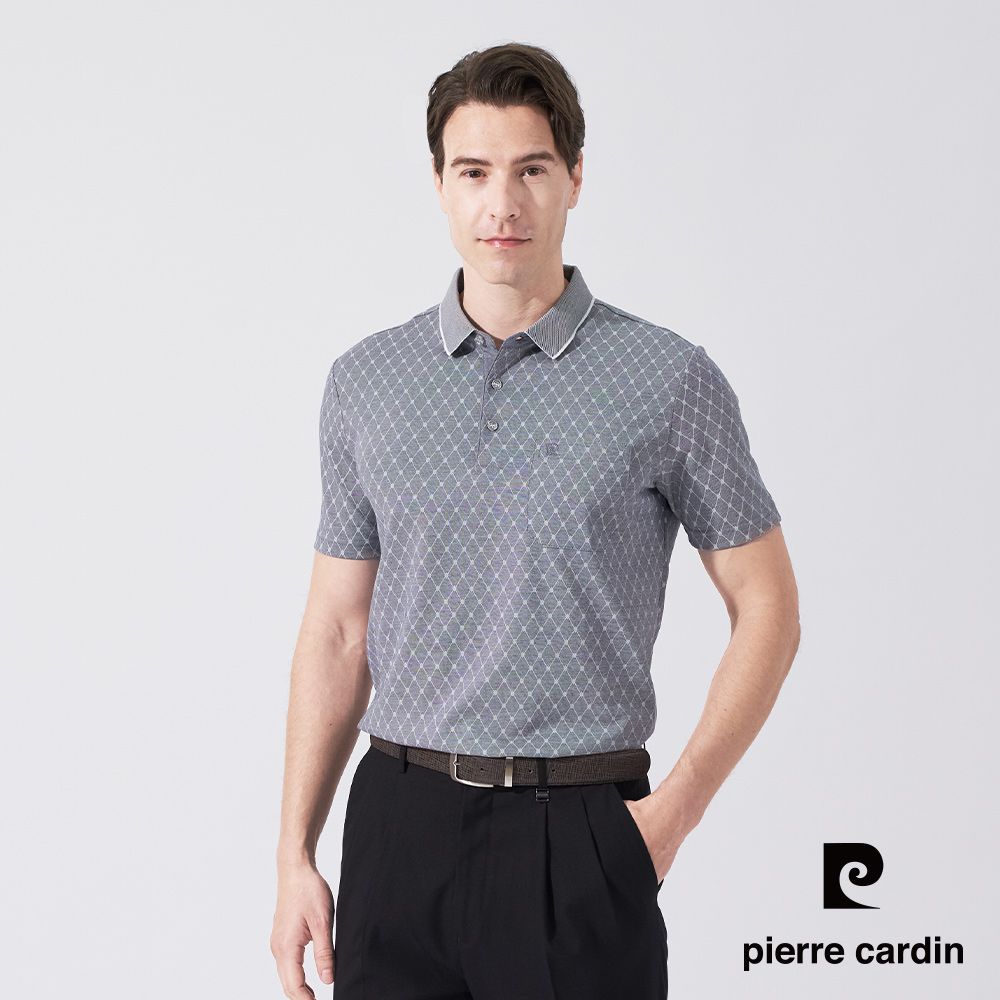 Pierre Cardin 皮爾卡登 男款 棉混雙色PK布小菱格印花短袖POLO衫-灰色 (5247253-98)