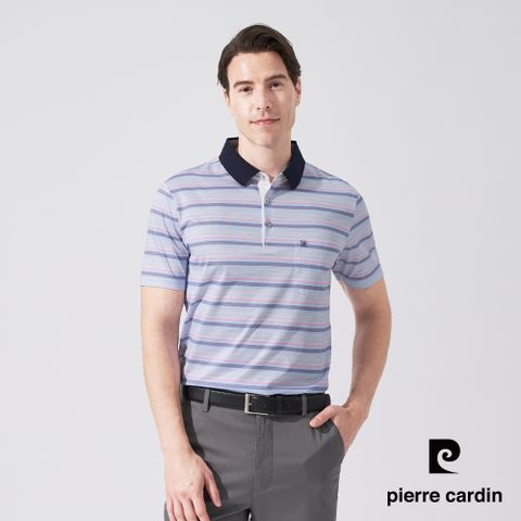 【pierre cardin 皮爾卡登】男款 棉混橫條印花短袖POLO衫-藍色 (5247272-35)