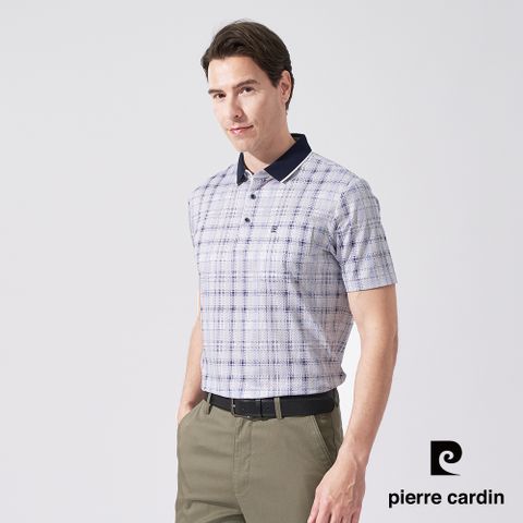 【pierre cardin 皮爾卡登】男款 棉混印格短袖polo衫-深藍色 (5247273-38)