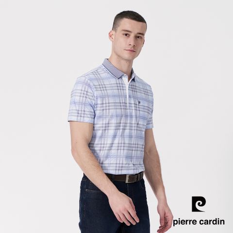 【pierre cardin 皮爾卡登】男款 棉混印格短袖polo衫-水藍色 (5247279-36)