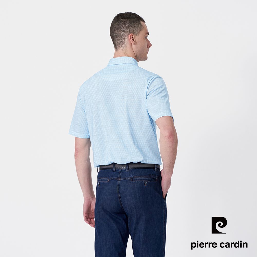 Pierre Cardin 皮爾卡登 男款 吸濕速乾微彈性TOP印花短袖襯衫領POLO衫-水藍色 (5247284-35)