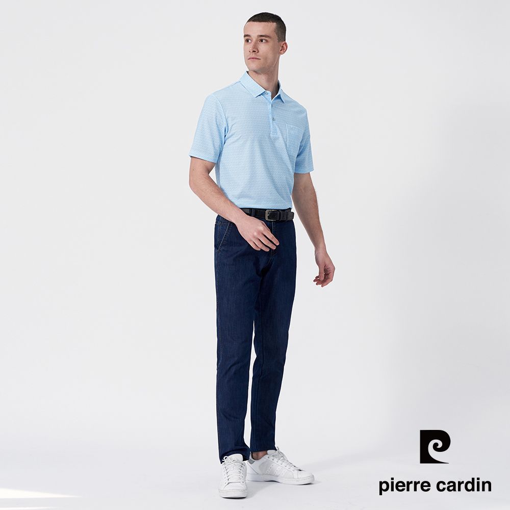 Pierre Cardin 皮爾卡登 男款 吸濕速乾微彈性TOP印花短袖襯衫領POLO衫-水藍色 (5247284-35)