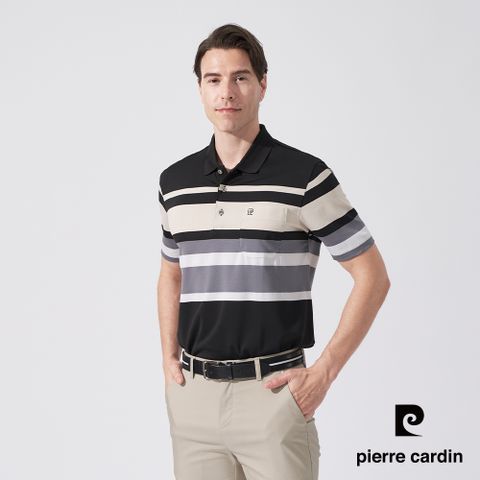 【pierre cardin 皮爾卡登】男款 吸濕排汗微彈性TOP定位橫條短袖POLO衫-黑色 (5247289-99)